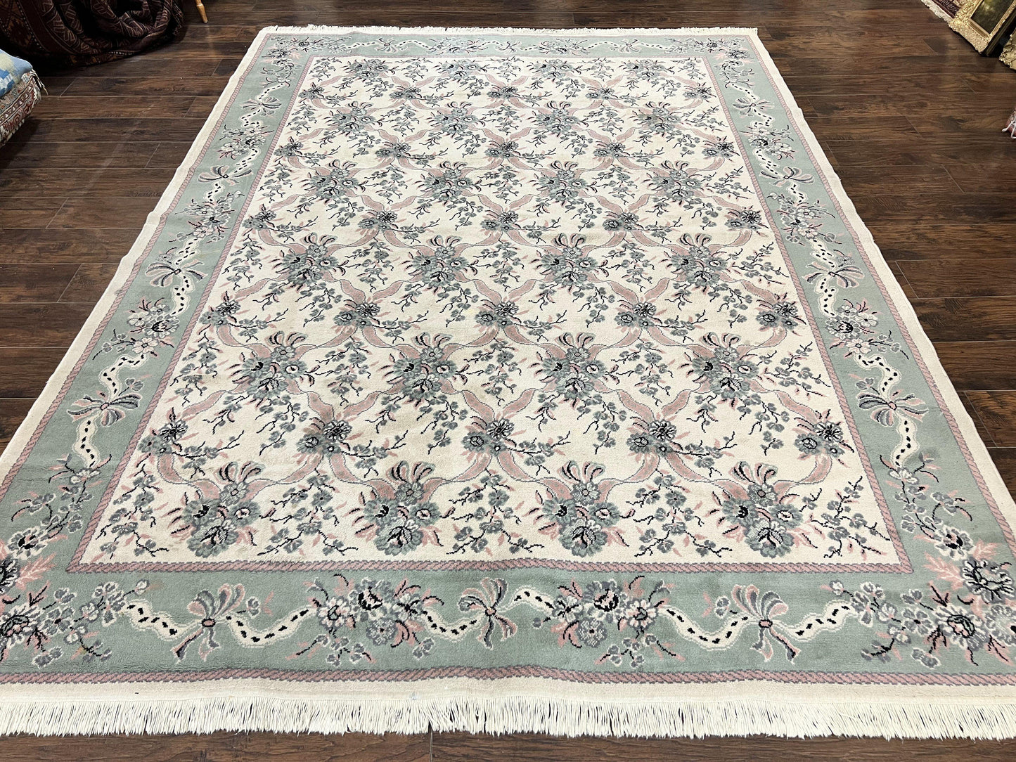 Belgium Power Loomed Rug 8x11, Ivory and Green, Wool Carpet, Floral
