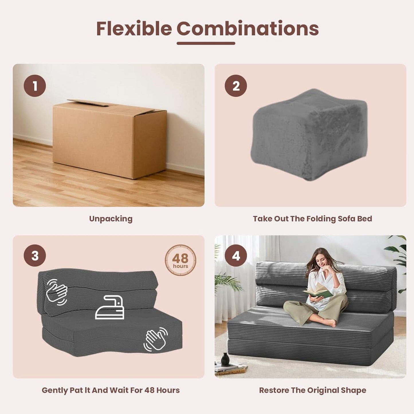 Full Size Transformable Memory Foam Sofa Bed Grey Corduroy