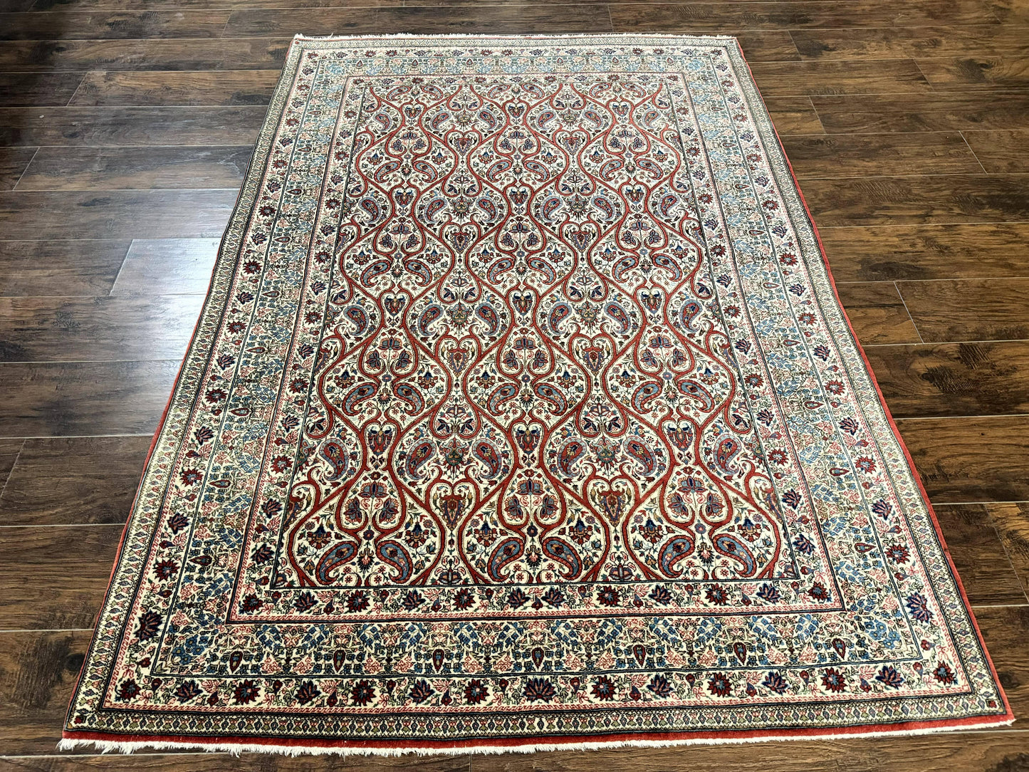 Unique Persian Qum Rug 5x7, Repeated Paisely Boteh Design, Ivory Red Blue, Handmade Antique Wool Persian Carpet, Finely Hand Knotted