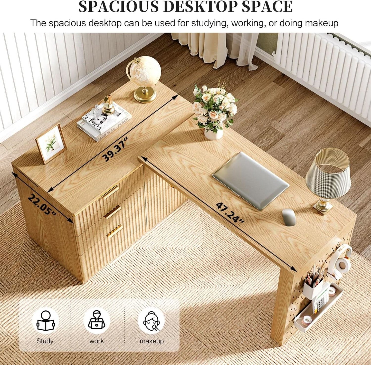 Oak Forty Seven Inch L Shaped Corner Desk With Drawers