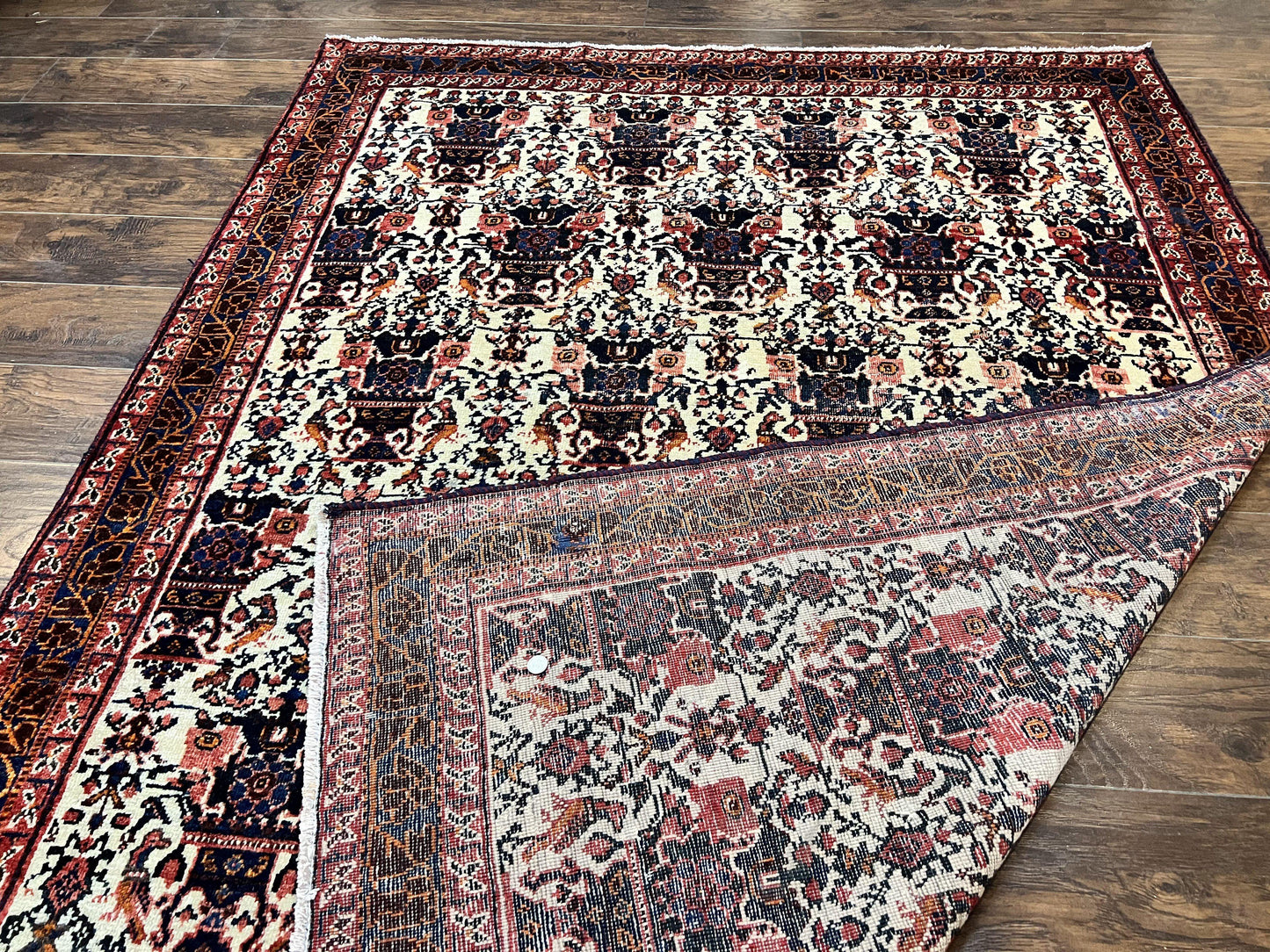Persian Afshar Rug 6x8, Wool Hand Knotted Semi Antique Vintage Carpet, Floral Allover, Repeated Birds Flowers Vases Motifs