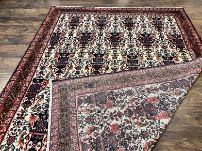 Persian Afshar Rug 6x8, Wool Hand Knotted Semi Antique Vintage Carpet, Floral Allover, Repeated Birds Flowers Vases Motifs