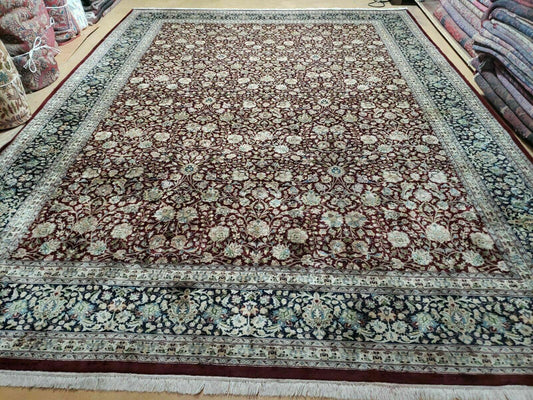 Persian Rug 9x12, Floral Allover, Very Fine, Handmade, Room Sized Oriental Carpet, Sino Persian, Maroon and Navy Blue