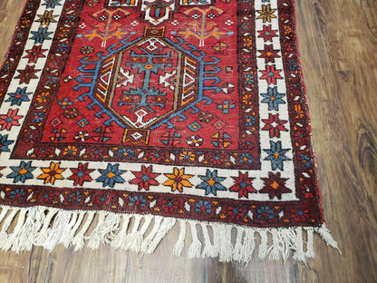 Antique Persian Heriz Karajeh Runner Rug, Red, Hand-Knotted, Wool, 3' 3" x 10' 11"