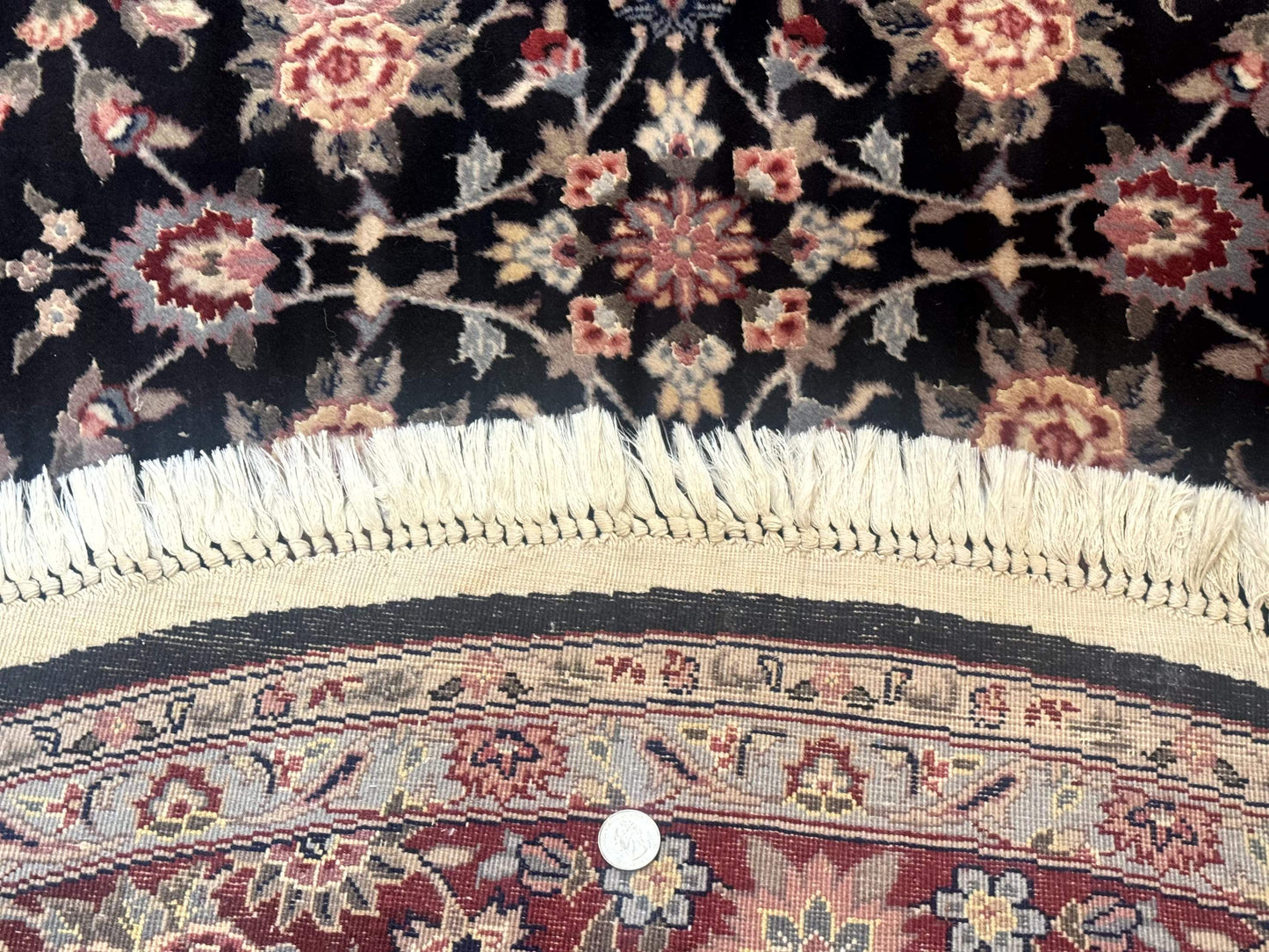 Round Sino Persian Rug 6x6, Floral, Navy Blue and Red, Wool and Silk Highlights