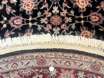 Round Sino Persian Rug 6x6, Floral, Navy Blue and Red, Wool and Silk Highlights