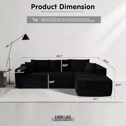 104 Inch Black Corduroy L Shaped Sectional Sofa Deep Set Upholstered Modular Couch No Assembly