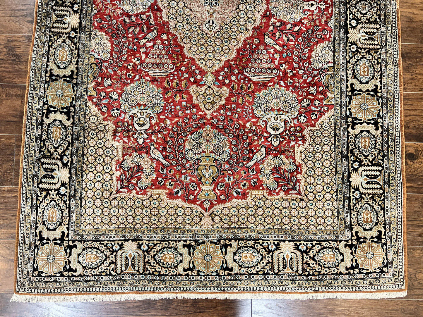 Wonderful Persian Silk Rug 5x7, Birds Floral Vases, Red, Hand Knotted Silk Fine Oriental Carpet, Handmade Vintage, Persian Qum Rug, 400 KPSI