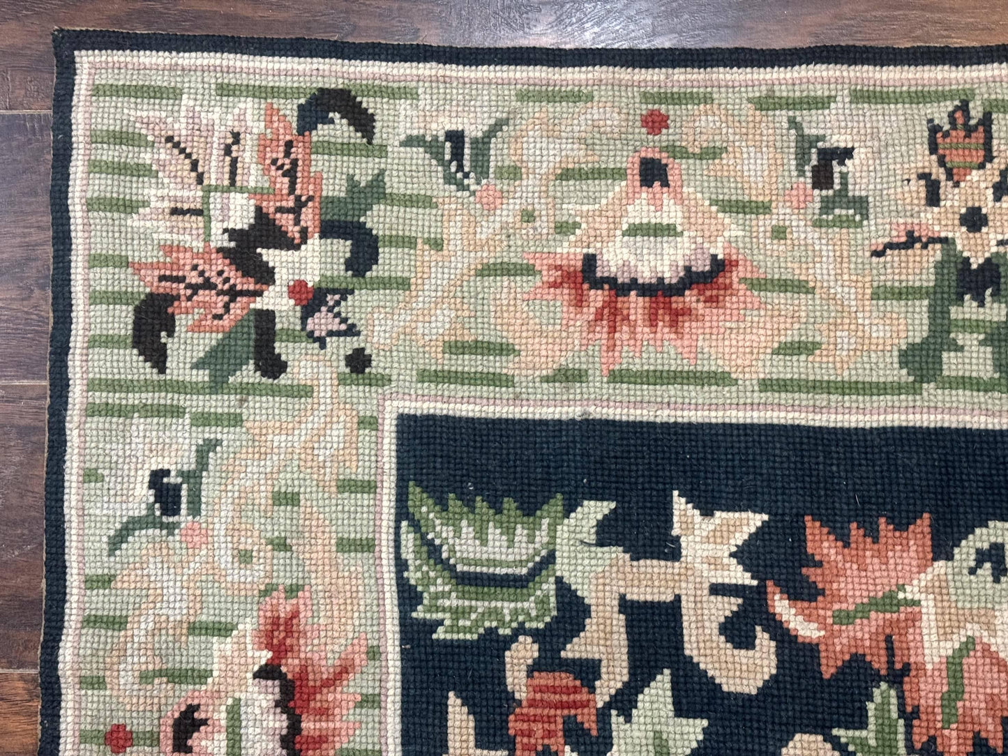 Vintage American Needlepoint Rug 4x6, Dark Green, Wool, Handmade, Flatweave Carpet