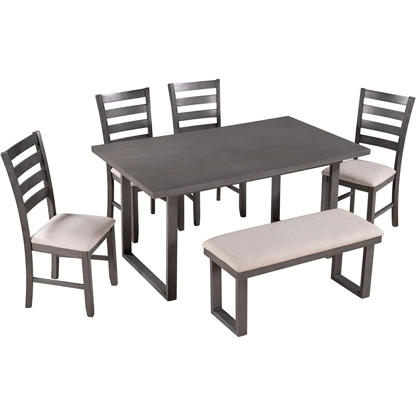 6 Piece Rustic Wood Dining Table Set With Bench And Chairs