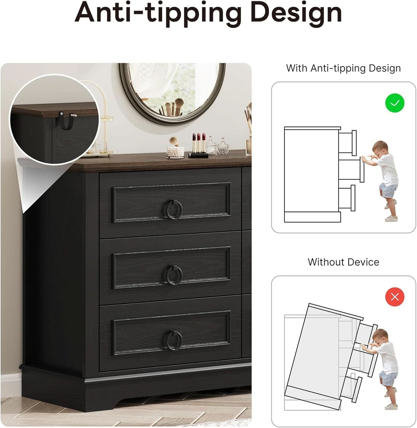 Black FortySevenPointTwoInch Wide Six Drawer Dresser