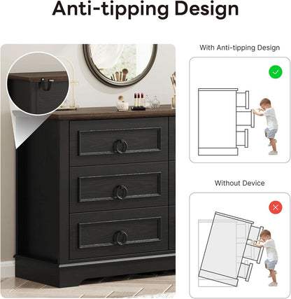 Black FortySevenPointTwoInch Wide Six Drawer Dresser