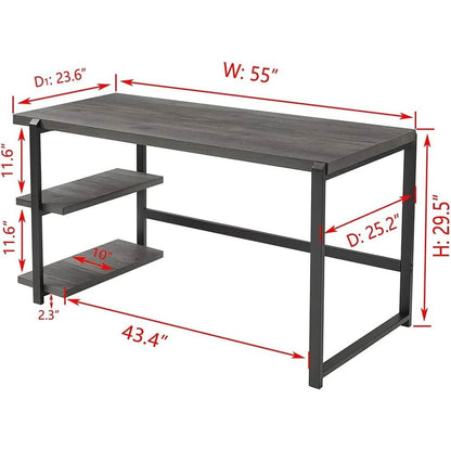 Grey Wood Rustic Industrial Computer Desk With Two Shelves