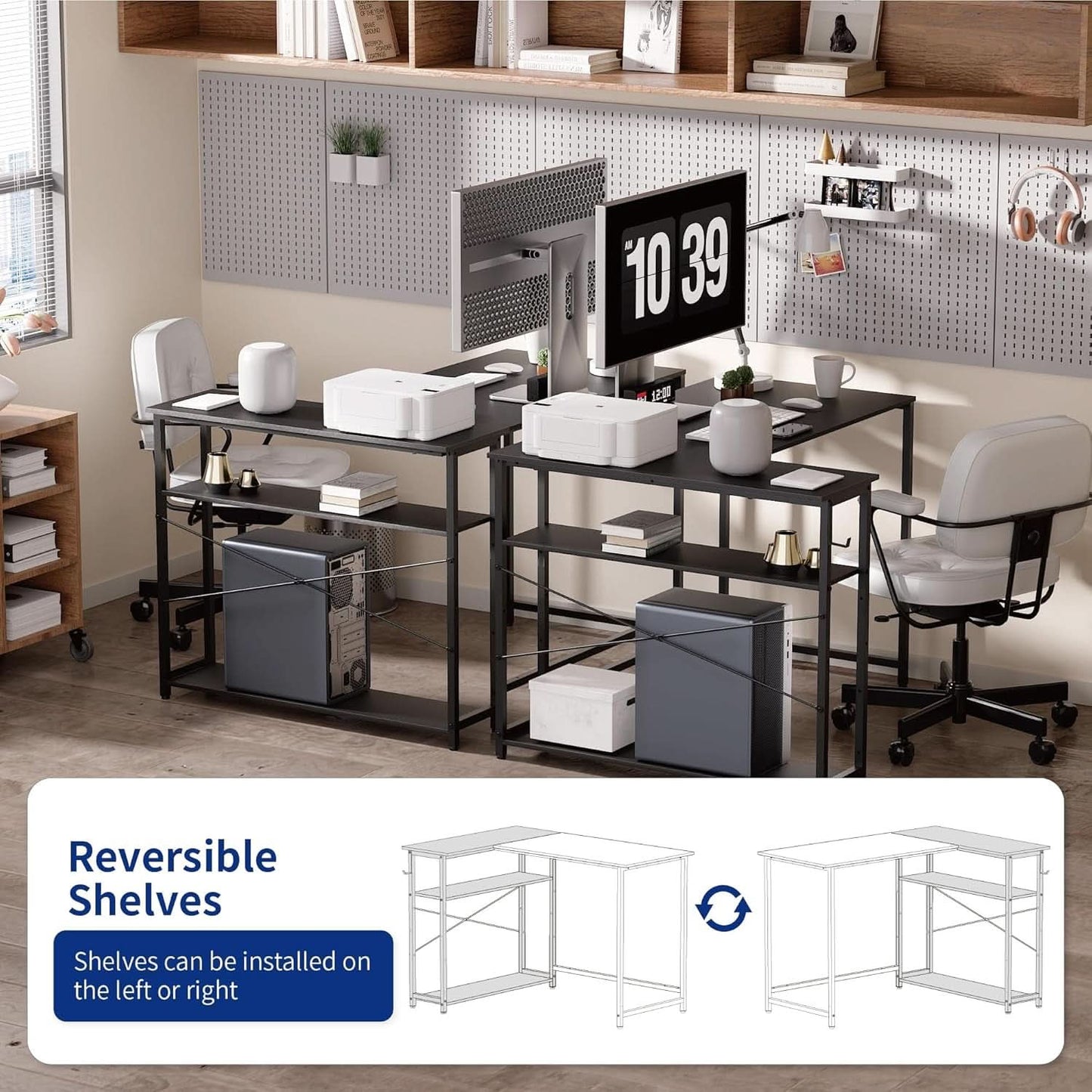 43 Inch L Shaped Desk With Reversible Shelves Espresso Gray