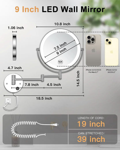9 Inch Wall Mounted Lighted Magnifying Mirror 1X 10X LED