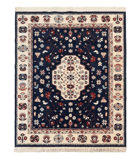 Belgium Power Loomed Rug 5.6 x 7, Navy Blue and Ivory, Heriz Pattern, Vintage Oriental Carpet