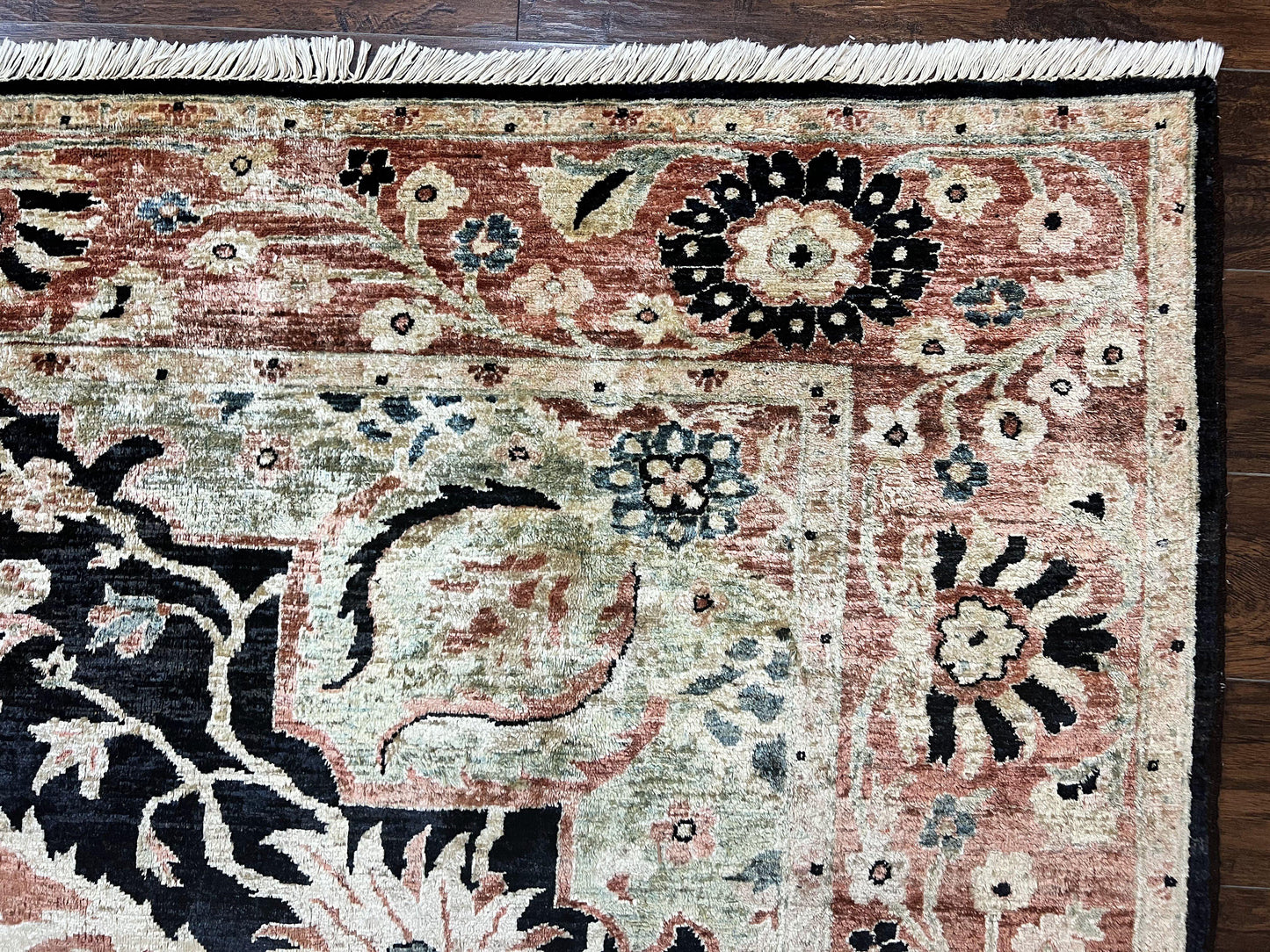 Pak Persian Rug 8x10, Pakistani Mahal Sultanabad Carpet, Signature from Master Weaver, Shiny Wool, Black Red Vintage Handmade Medallion Rug