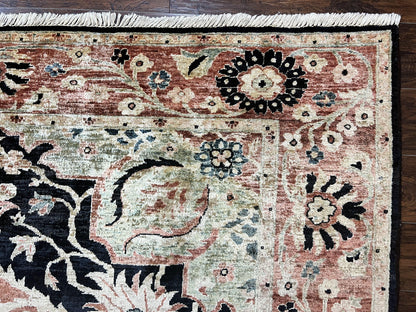 Pak Persian Rug 8x10, Pakistani Mahal Sultanabad Carpet, Signature from Master Weaver, Shiny Wool, Black Red Vintage Handmade Medallion Rug