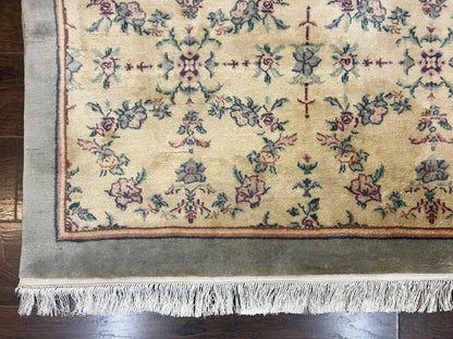 Sino Persian Rug 8x10, Floral, Oatmeal and Light Teal, Handmade Wool Vintage Carpet