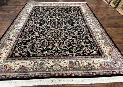 Black Pak Persian Rug 8x11, Floral Pattern, Hand Knotted Vintage Wool Rug with Silk Highlights, Fine 200 KPSI