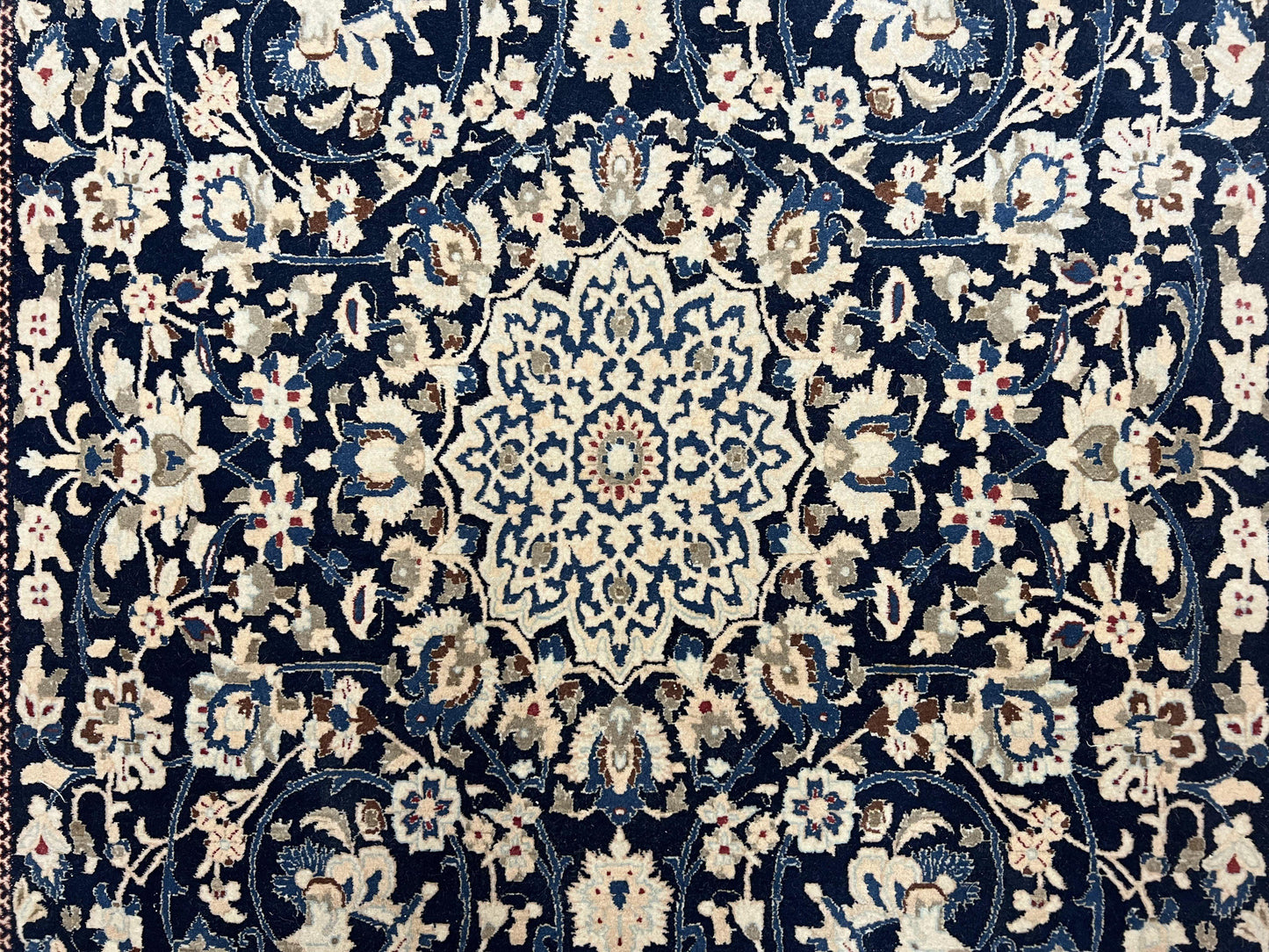 Very Fine Persian Nain Rug 3.7 x 6, Floral Medallion, Wool and Silk Accents, Highly Detailed, Hand Knotted Oriental Carpet, Navy Blue Ivory/Cream