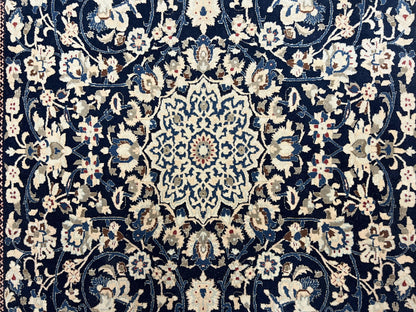 Very Fine Persian Nain Rug 3.7 x 6, Floral Medallion, Wool and Silk Accents, Highly Detailed, Hand Knotted Oriental Carpet, Navy Blue Ivory/Cream