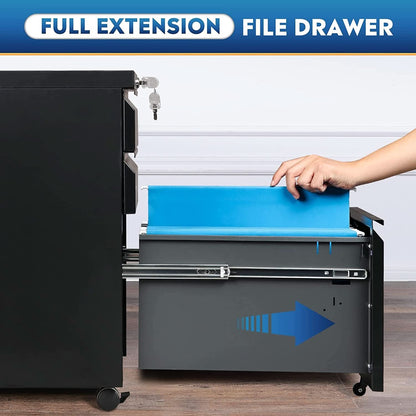 Compact Black Mobile Filing Cabinet Lockable With Drawers