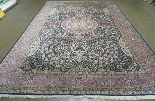 Turkish Sivas Rug 7x11, Navy Blue & Pink, Millifluer Floral Wool Carpet, Vintage