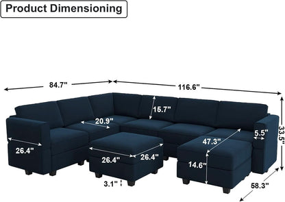 Modular Velvet Sectional Sofa Blue With Storage Ottoman