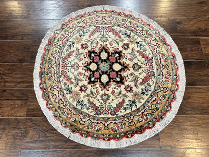 Silk Persian Tabriz Round Rug 3x3 ft, Very Fine Hand Knotted Carpet 380 KPSI, Cream & Gold, Bird Pictorials, Floral, Rare