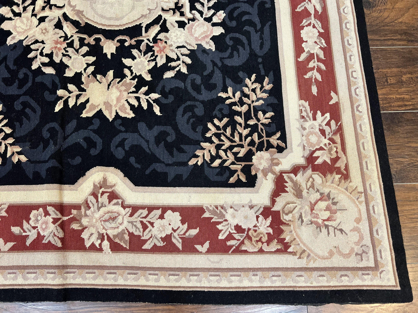 Needlepoint Rug 5x8, Wool Handmade Vintage European Design Carpet, Black & Maroon, French Aubusson Pattern Flatweave Rug