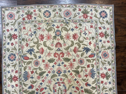 Hand Stitched Indian Rug 4x5, Floral, Vintage Hand Embroidered Rug