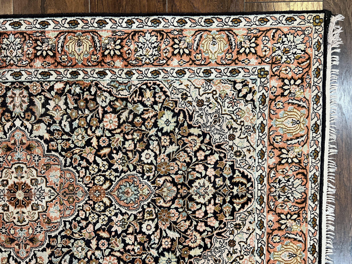 Silk Indian Kashmiri Rug 3x5, Indo Persian Silk on Silk Carpet, Very Fine 350 KPSI, Navy Blue, Handmade, Floral Medallion