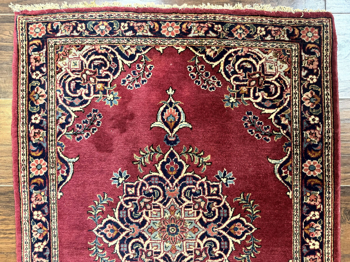 Small Persian Kashan Rug 2x3, Red and Navy Blue, Handmade Vintage Wool Semi Antique Persian Carpet, Semi Open Field
