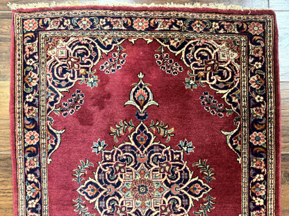 Small Persian Kashan Rug 2x3, Red and Navy Blue, Handmade Vintage Wool Semi Antique Persian Carpet, Semi Open Field