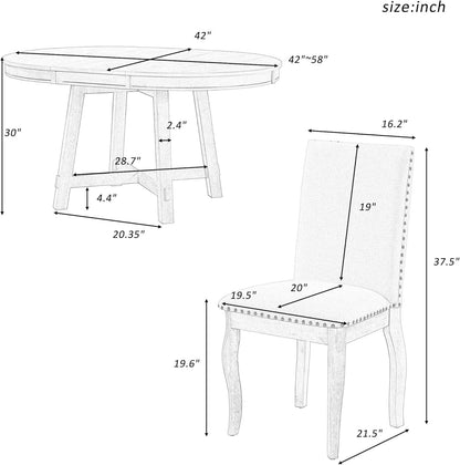Farmhouse Round Extendable Dining Table Set Oak Finish with Upholstered Chairs