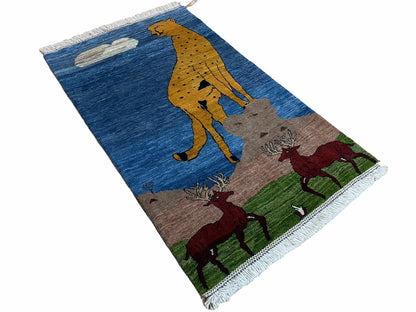 3 x 5 Handmade New Vintage Wool Blue Rug Leopard Lion Jaguar Deer Organic Dyes