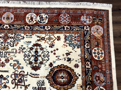 Indo Chinese Wool Rug 9x12, Ivory and Rust Red, Dragon Motifs