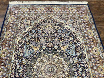 Pak Persian Rug 5x7, Navy Blue Hand Knotted Wool Oriental Carpet 5 x 7 ft, Floral Medallion, Traditional Vintage Pakistani Rug, 225 KPSI