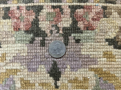 Tibetan Runner Rug 2.6 x 10, French Aubusson Pattern, Gold Olive Green, Vintage Handmade European Design, Wool Hallway Rug