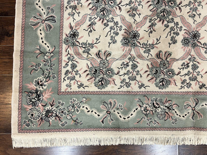 Belgium Power Loomed Rug 8x11, Ivory and Green, Wool Carpet, Floral