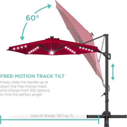 10ft Solar LED Cantilever Patio Umbrella With 360 Degree Rotation And Easy Tilt Cross Base