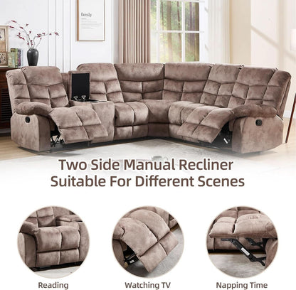 Brown Manual Reclining Sectional Sofa With Cup Holders