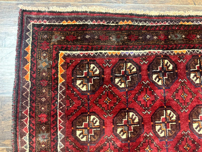 Persian Turkoman Tribal Rug 4x8, Handmade Vintage Wool Carpet, Red, Bohemian Rug