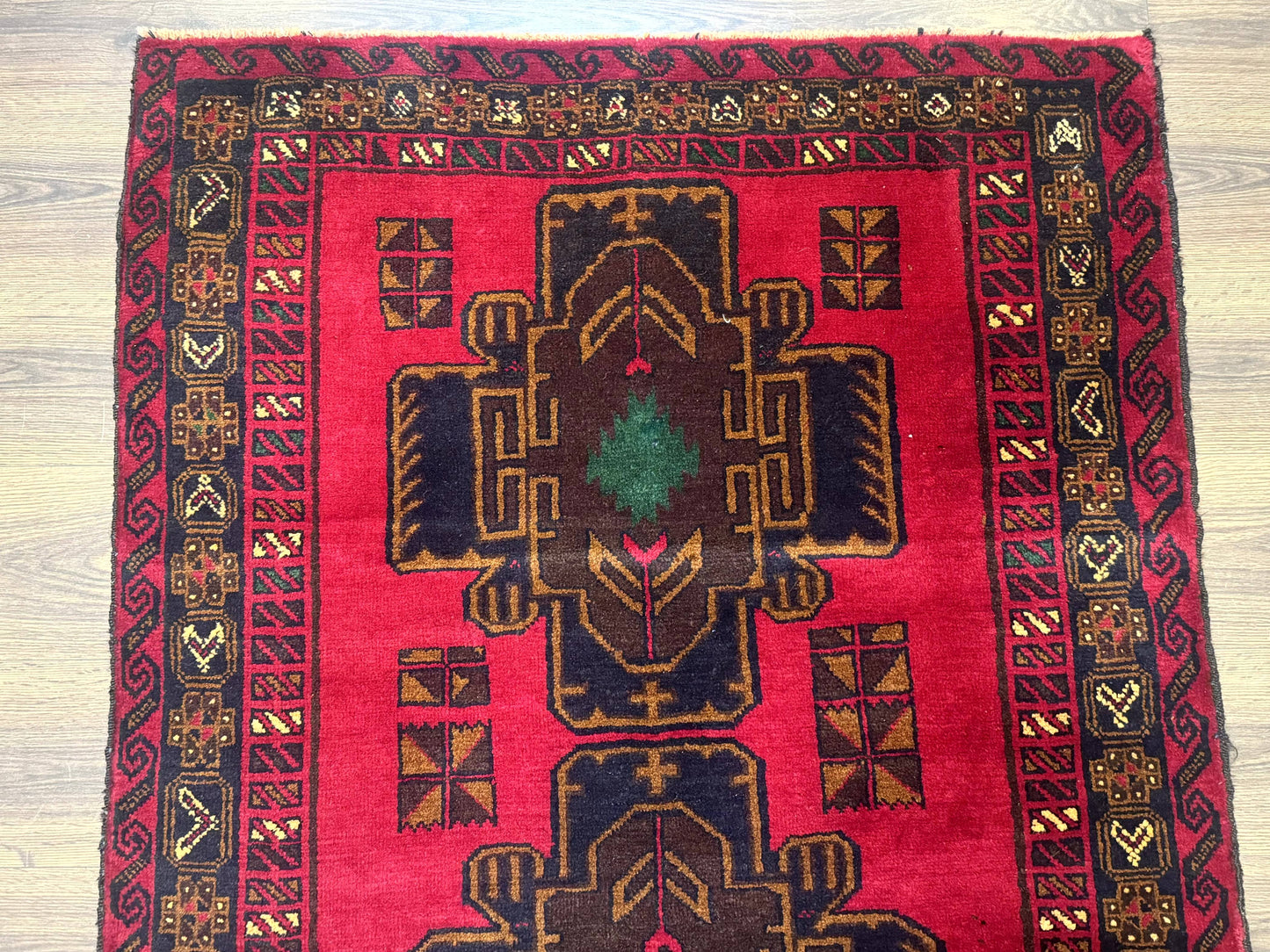 Red Afghan Balouch Rug 4x7, Triple Medallions, Handmade, New