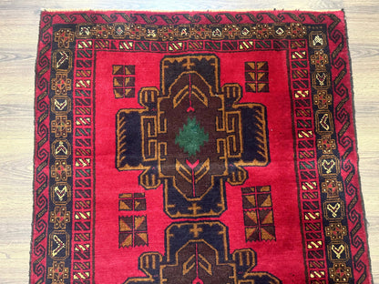 Red Afghan Balouch Rug 4x7, Triple Medallions, Handmade, New