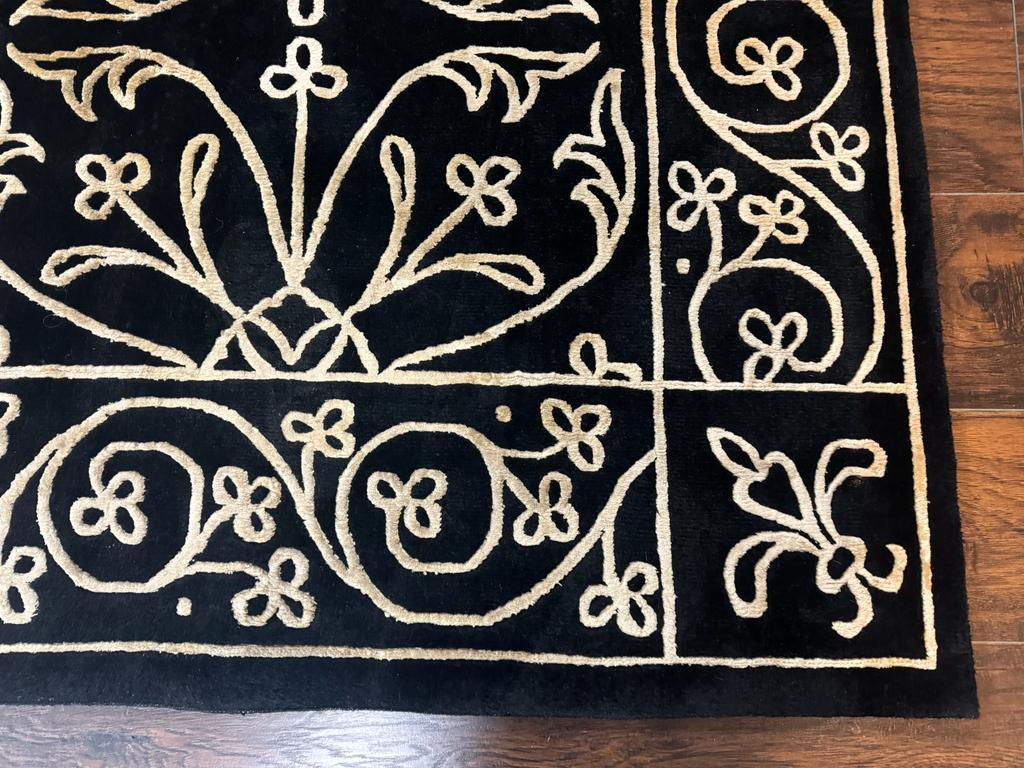 Tibetan Rug 8x10, Wool and Silk, Raised Pattern, Black and Gold, Floral