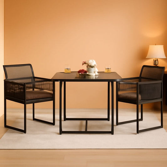 3 Piece Outdoor Dining Set With Folding Backrests And Tempered Glass Tabletop For Patio And Poolside