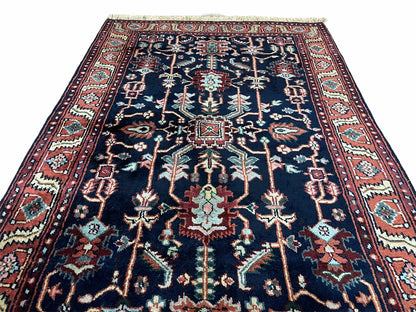 4x6 Vintage Handmade Wool Geometric Rug Organic Dyes Blue Red Hand-Knotted Rug