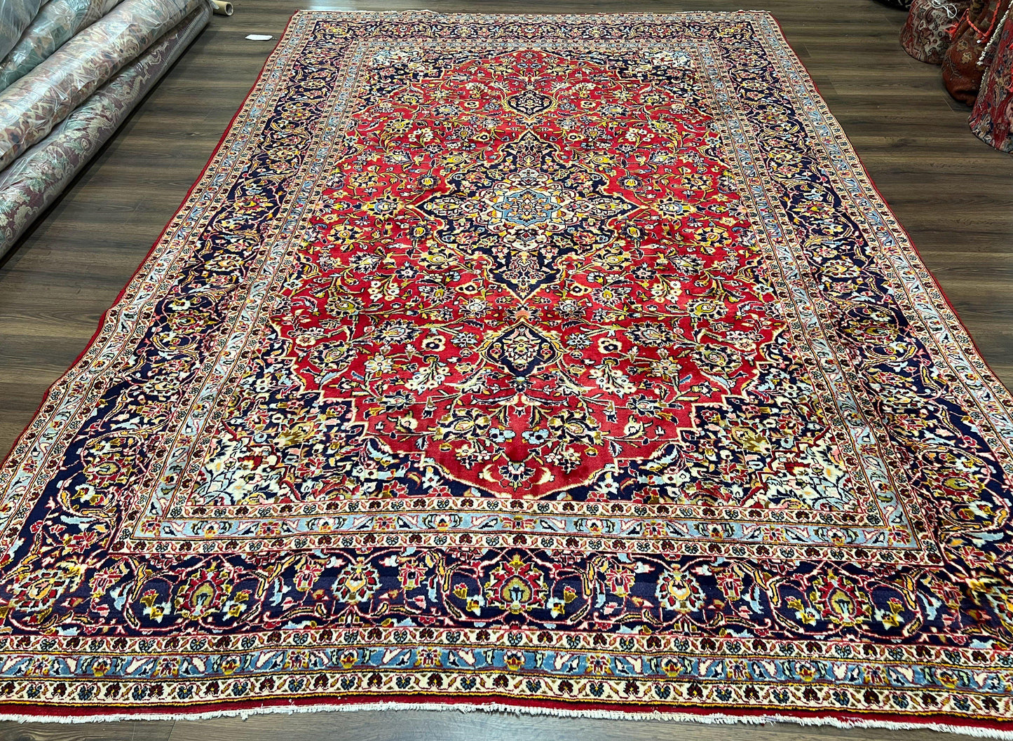 Persian Kashan Rug 9x12, Red Navy Blue, Allover Floral Medallion & Corner Design, Handmade Wool Oriental Carpet, Semi Antique Traditional Carpet
